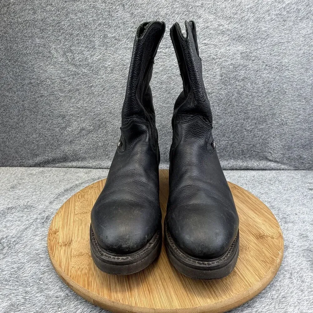 Justin Boots Mens Size 9 D Black Leather Western Workwear Pull On Oil Resisting